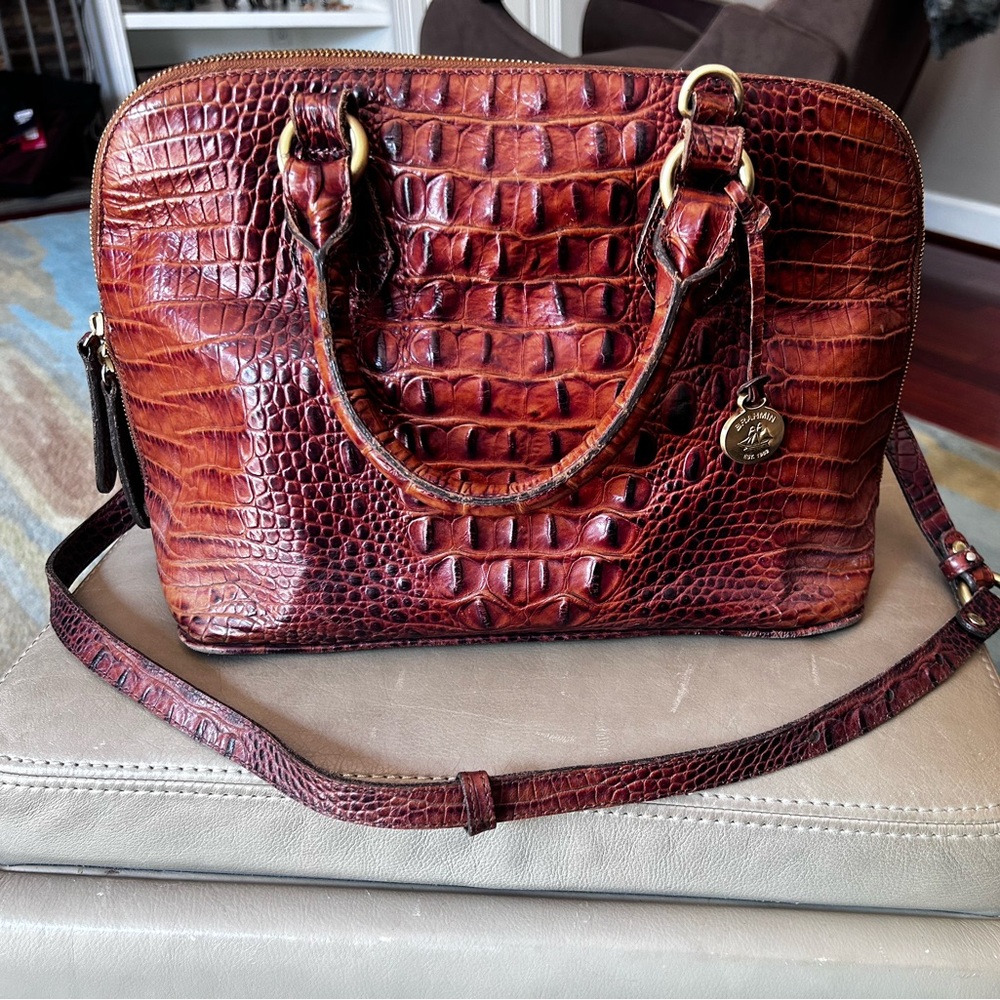 Brahmin Crocodile Embossed Satchel - Rich Brown